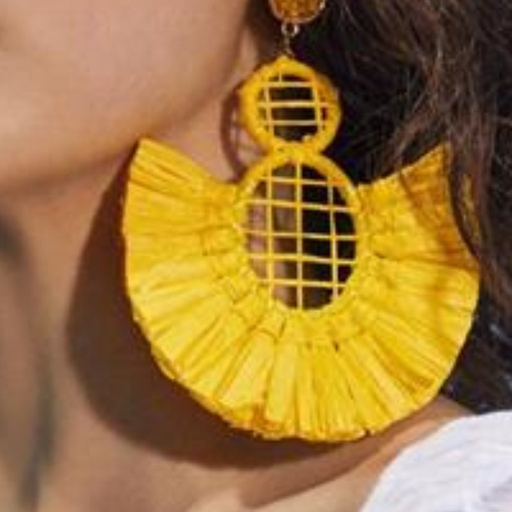 Women’s Statement Raffia Tassel Earrings Boho Dangle Drop Yellow - Picture 2 of 6